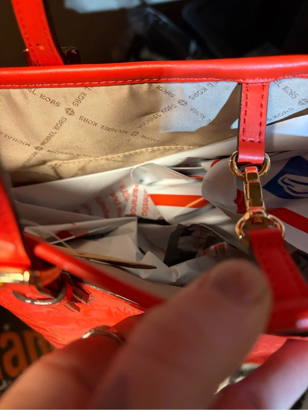 Michael Kors Bright Orange Patent Tote with Gold Hardware